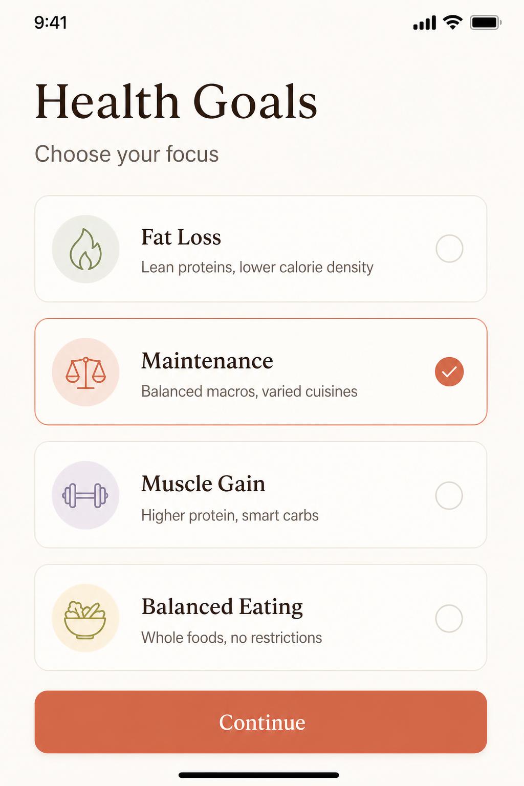 Health goals screen